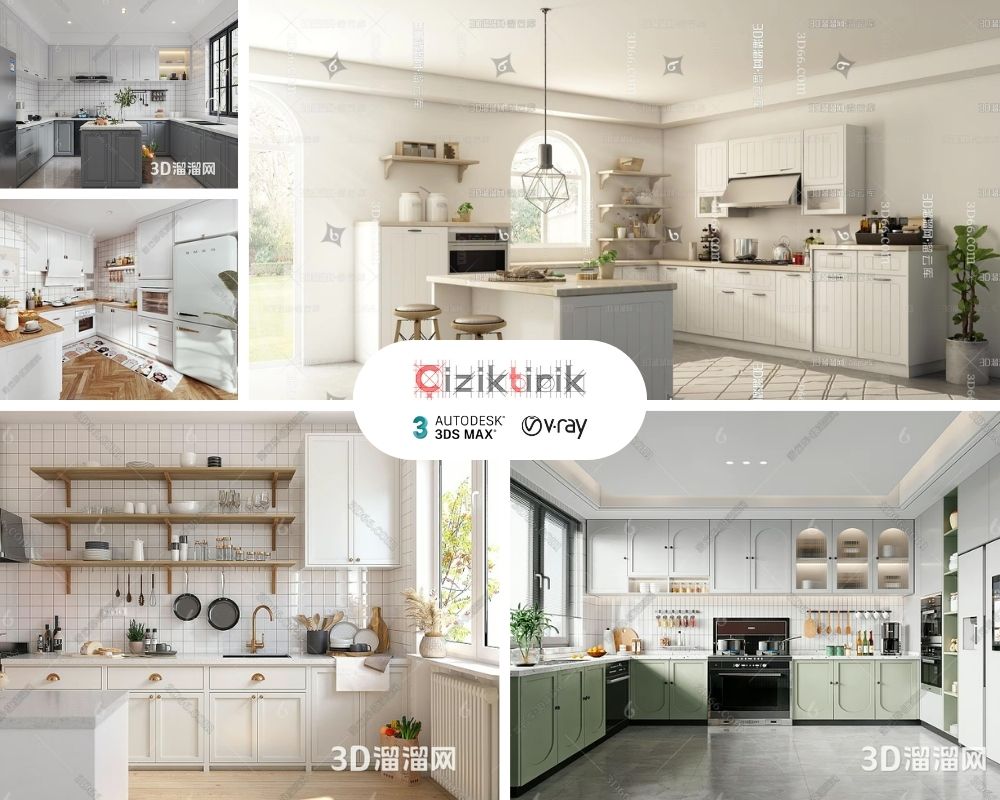 İskandinav Mutfaklar 001 - Hazır 3ds Max Sahneleri - VRay